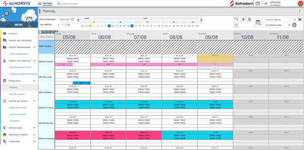 So'Horsys - Ecran de planning de So'Horsys avec visibilité de l'équipe