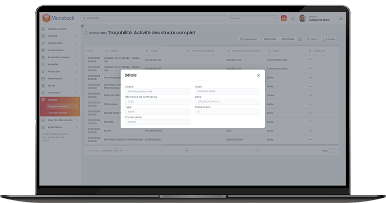MONSTOCK - Traçabilité : Rapport standard