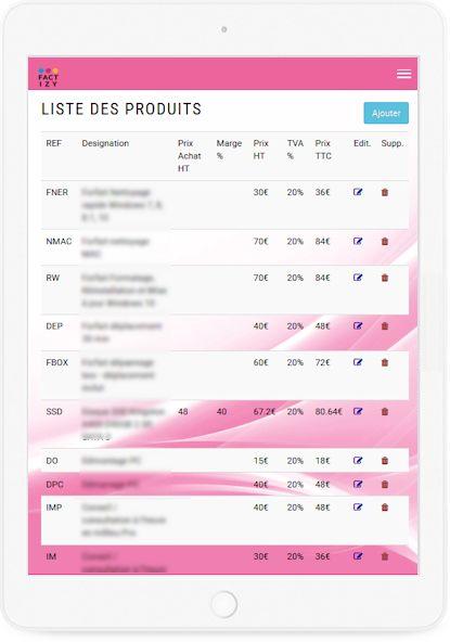 Visuel tablette : liste des produits. Visuel tablette : liste des produits.