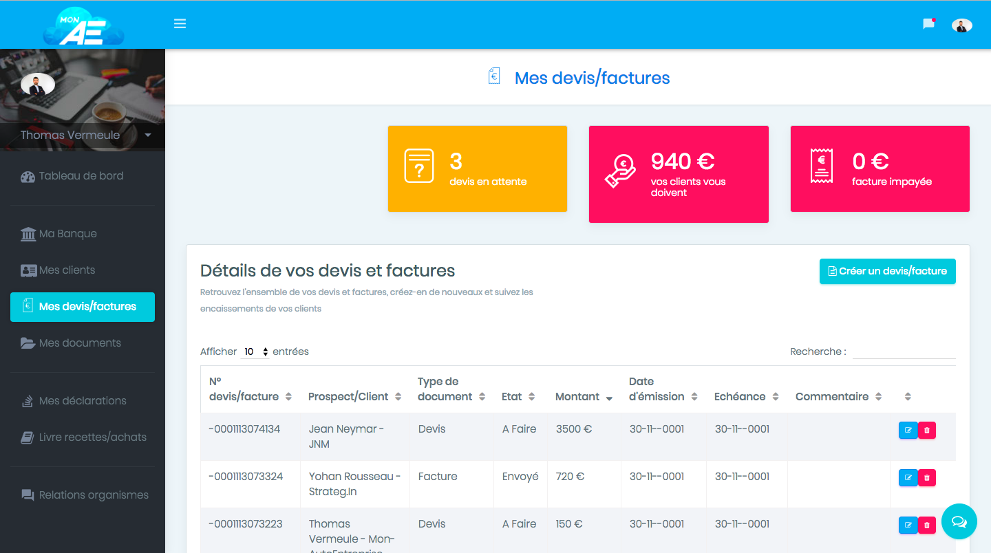 Création de devis/factures personnalisables et suivi des encaissements