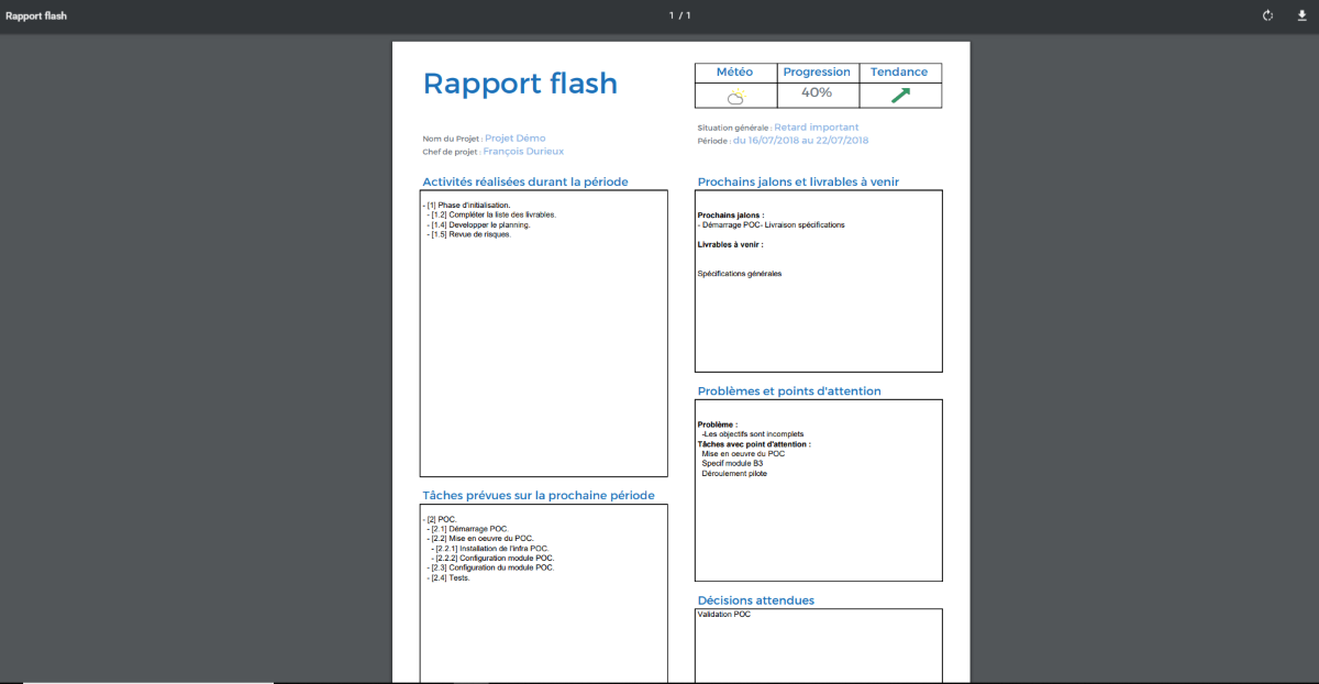 Rapport de suivi pré-remplit en un clic, éditable et exportable. Rapport de suivi pré-remplit en un clic, éditable et exportable.