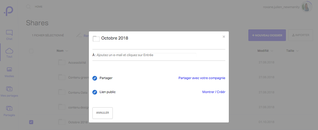 option de partage depuis le stockage intégré