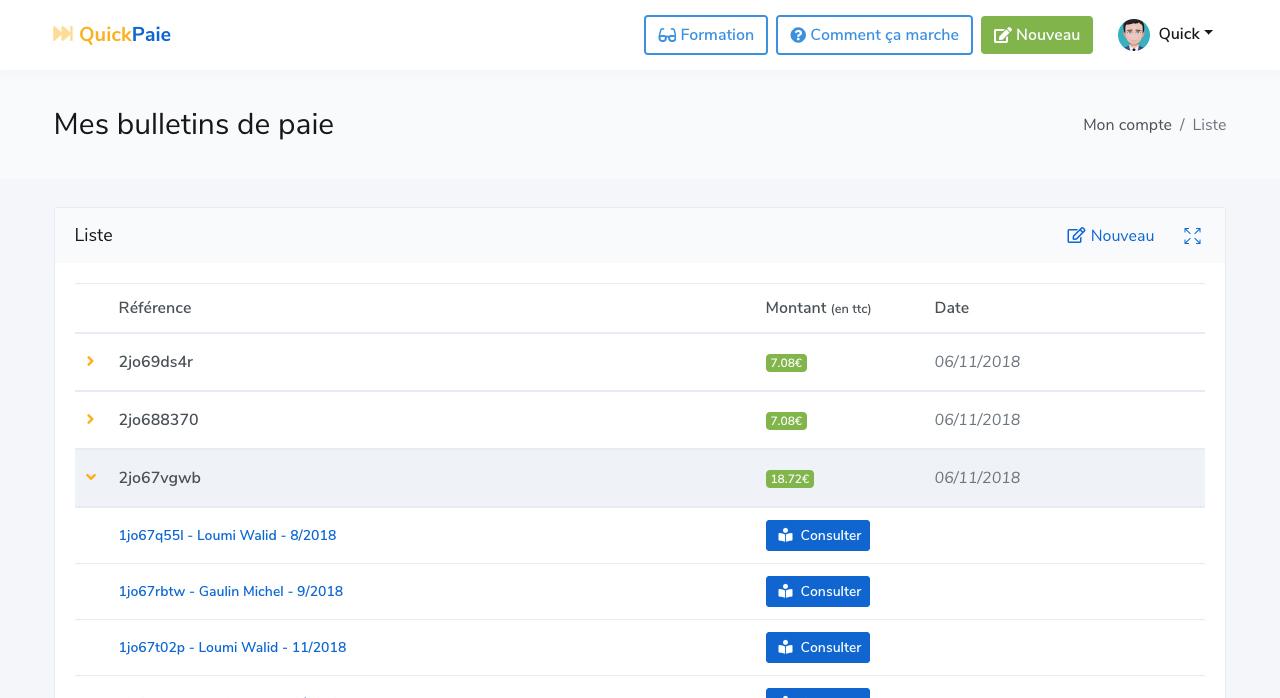 QuickPaie - Liste des bulletins de paie crées