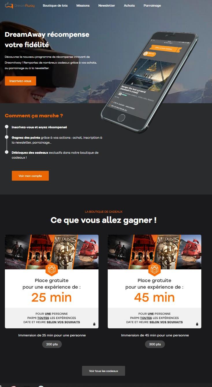 Page d'accueil du programme de fidélité et engagement Dreamaway. Page d'accueil du programme de fidélité et engagement Dreamaway.