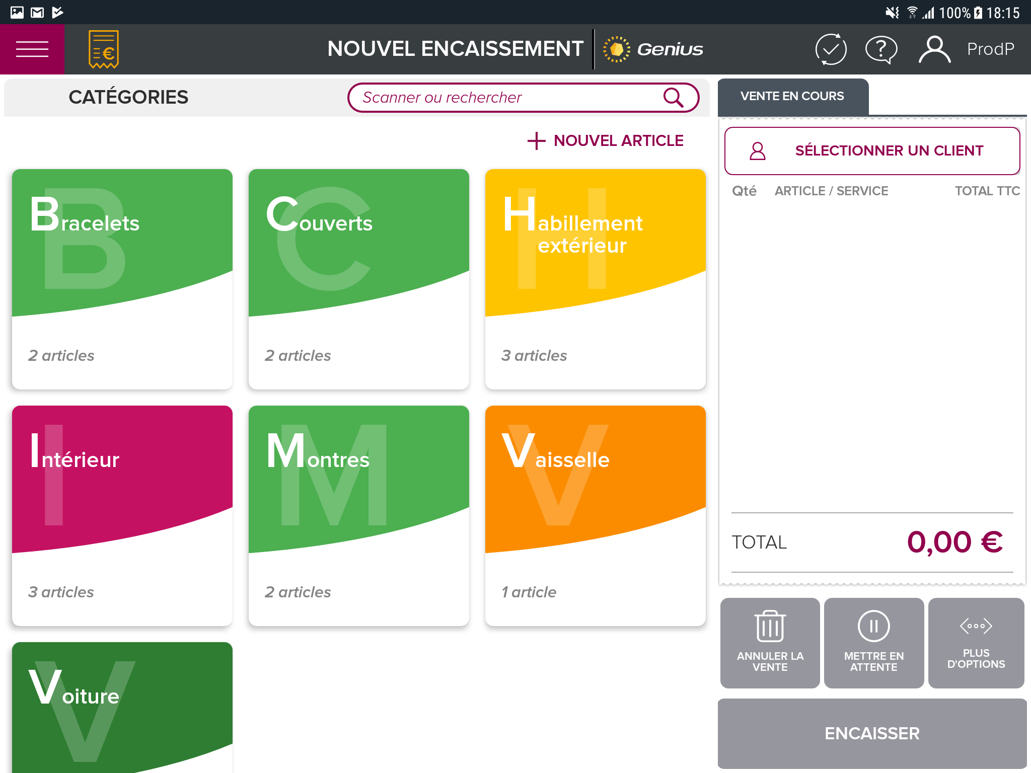 Écran principal à l'ouverture de votre caisse Genius : accès à l'encaissement et à vos catégories pour sélectionner ou ajouter des produits Écran principal à l'ouverture de votre caisse Genius : accès à l'encaissement et à vos catégories pour sélectionner ou ajouter des produits