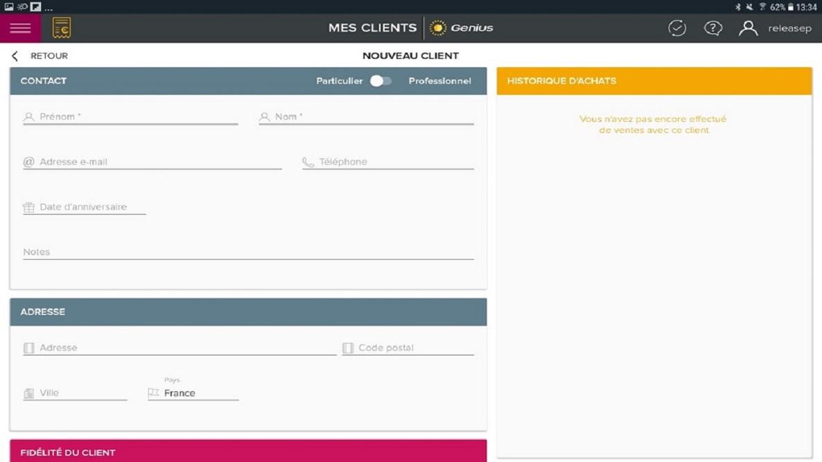 Écran de création d'une fiche client Écran de création d'une fiche client