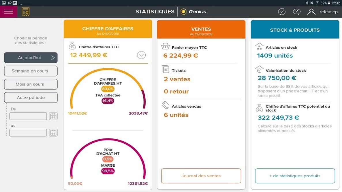Écran consolidant vos statistiques. Cet écran est personnalisable à la période de votre choix. Écran consolidant vos statistiques. Cet écran est personnalisable à la période de votre choix.