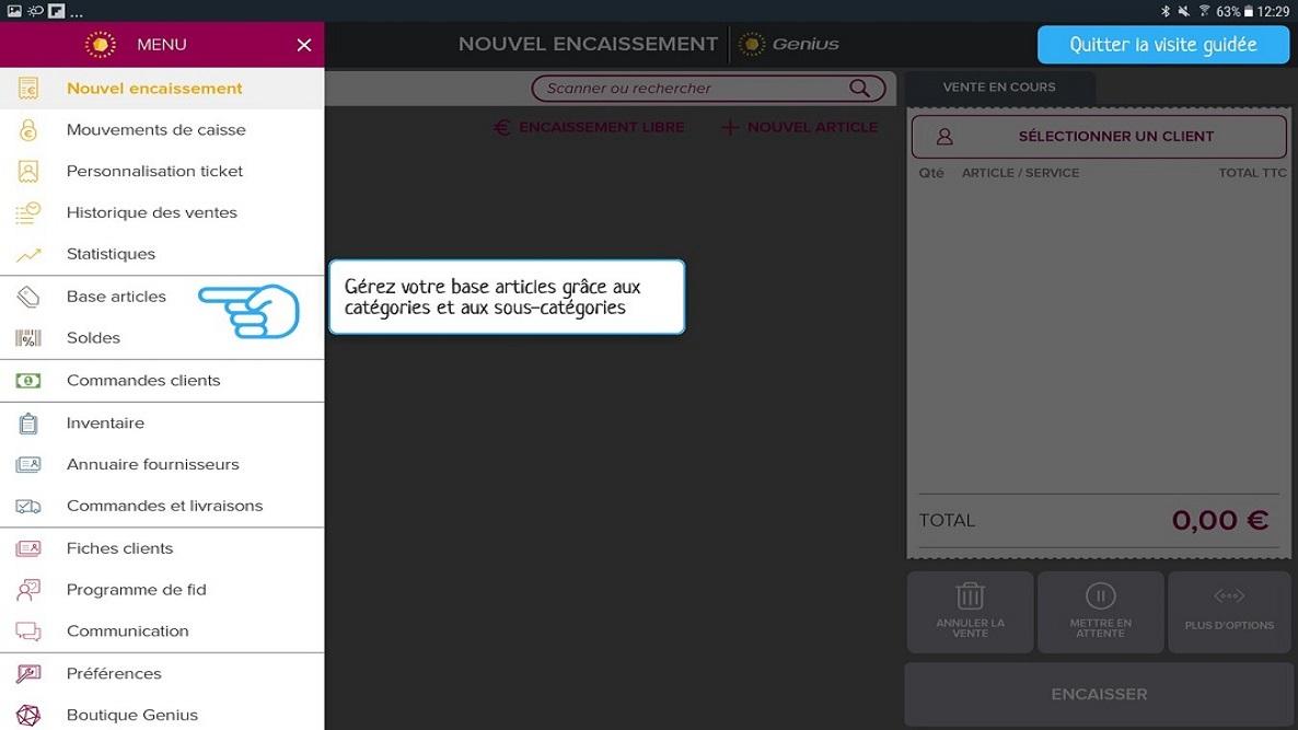 Écran de la visite guidée Genius montrant le menu de l’application avec toutes les fonctionnalités disponibles Écran de la visite guidée Genius montrant le menu de l’application avec toutes les fonctionnalités disponibles