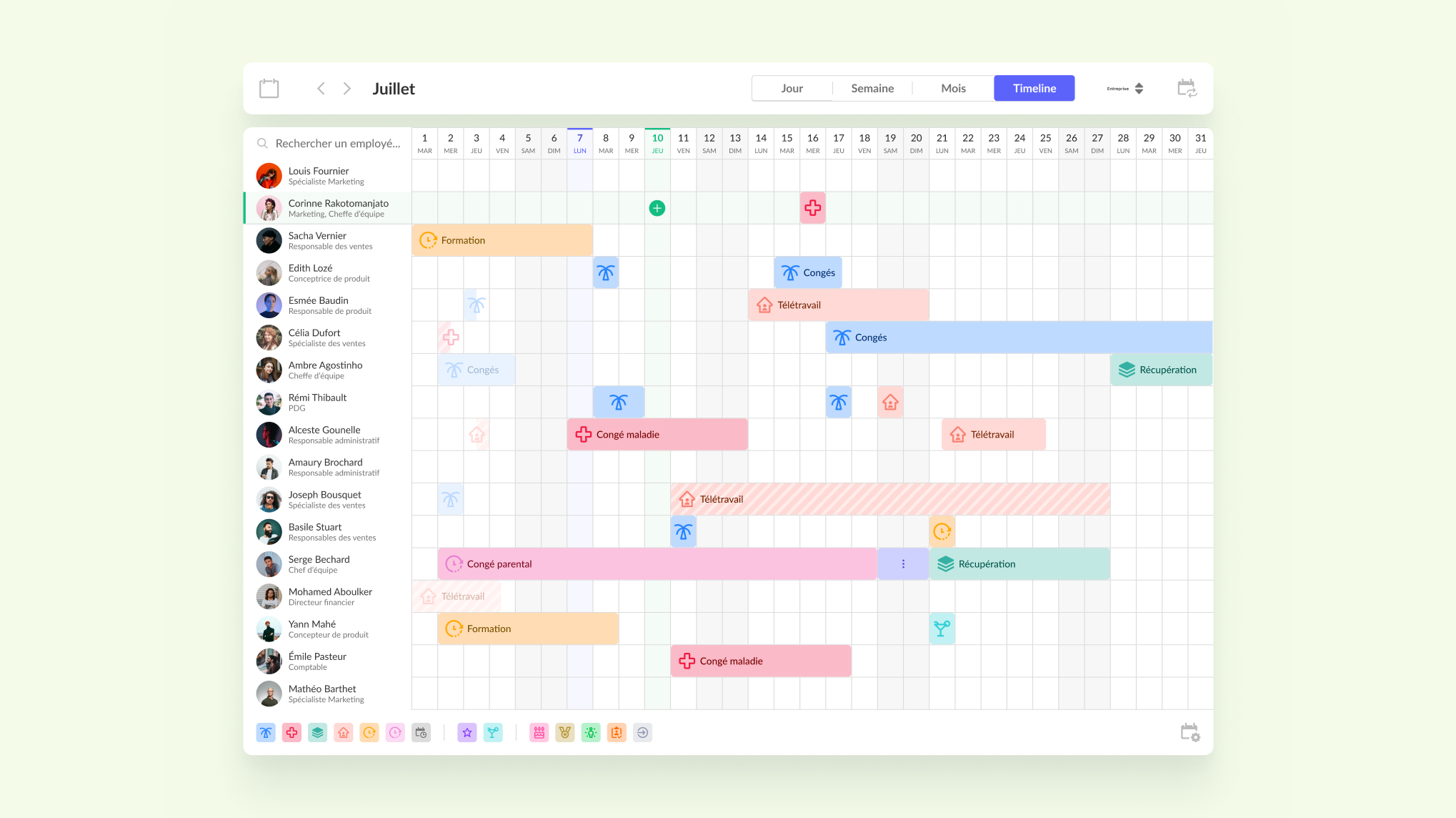 kiwiHR by Tellent - Gestion des congés - Timeline et vue d'ensemble par équipes