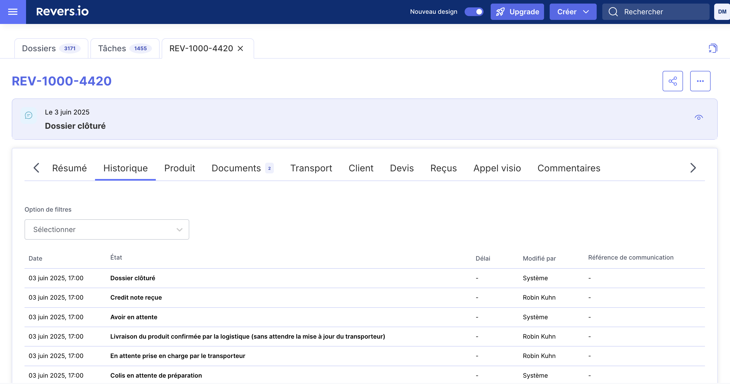 Revers.io - Historique des actions