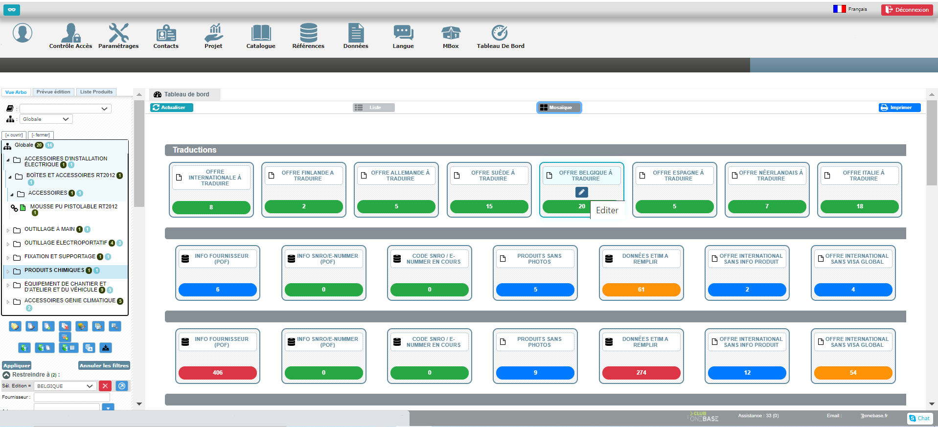 Ecran d'accueil personnalisable, dashboard permettant d'éditer directement les fiches produits concernées dans le résultat de recherche de l'arborescence.