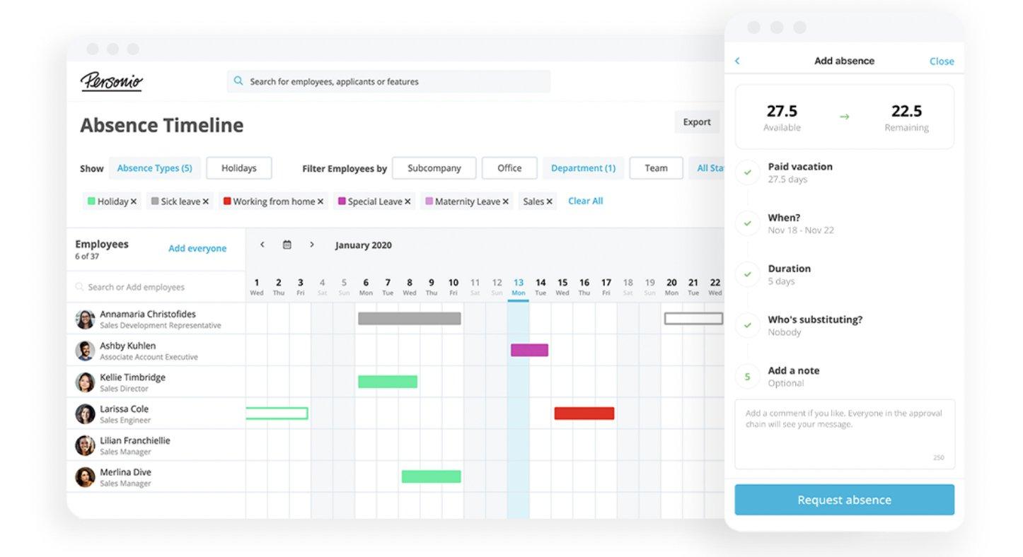 Personio - Personio permite que empleados y mánagers planifiquen las ausencias de forma autónoma. Basta con que el empleado solicite las vacaciones u otro tipo de ausencia y los mánagers la acepten con un clic
