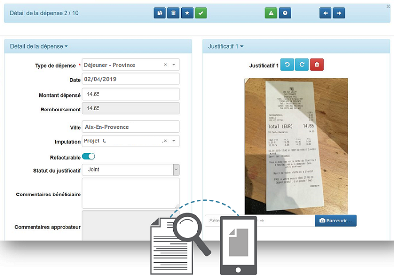 Vertical Expense : Saisie d'une dépense Déjeuner avec reconnaissance des caractères et alimentation automatique des champs (OCR) Vertical Expense : Saisie d'une dépense Déjeuner avec reconnaissance des caractères et alimentation automatique des champs (OCR)