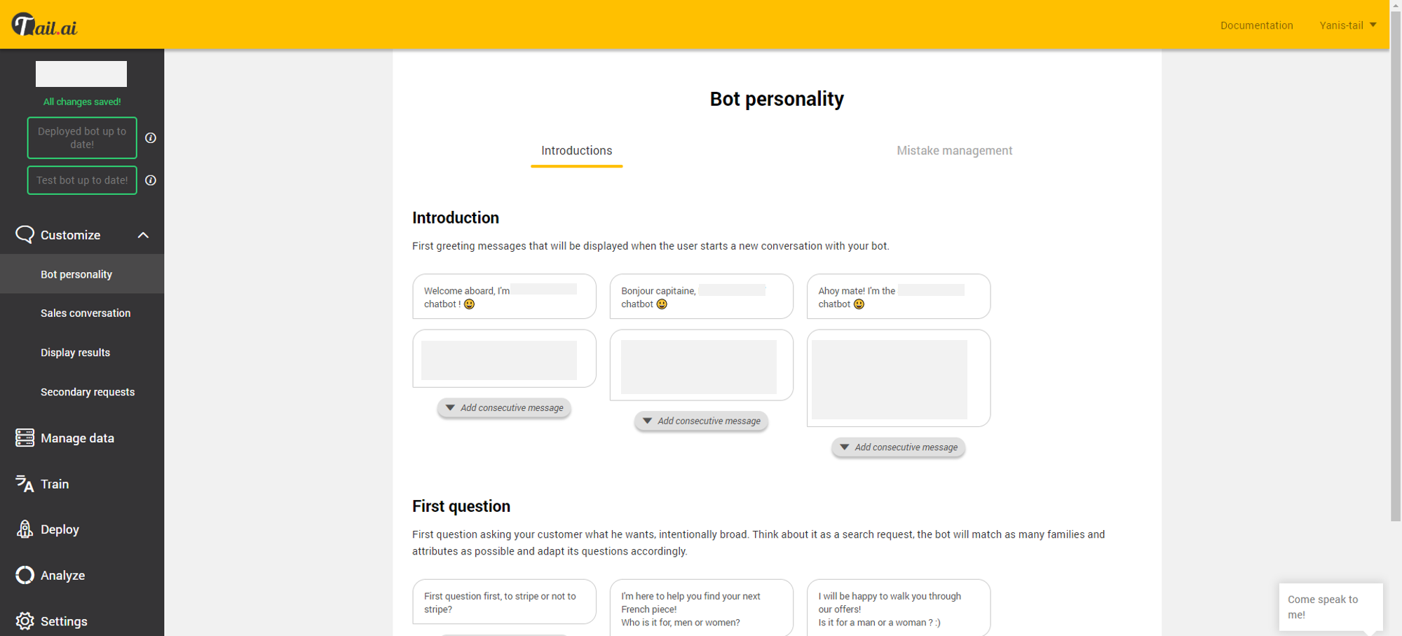 Tail.ai - Présenter le chatbot et poser une première question concernant le besoin du client Tail.ai - Présenter le chatbot et poser une première question concernant le besoin du client