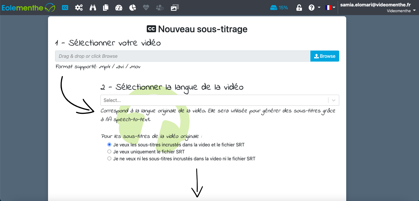 EOLECC - Chargez votre vidéo et sélectionnez la langue (= transcription)