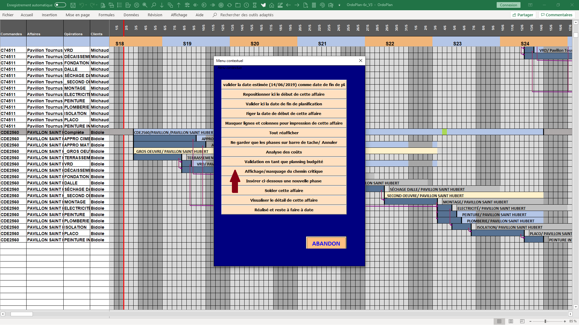 OrdoPlan - Affichage du chemin critique