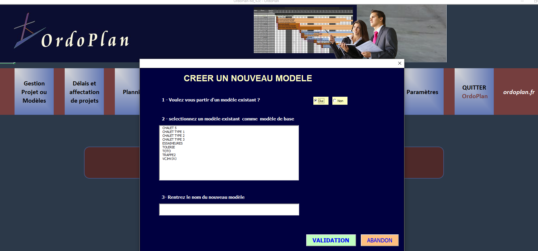 OrdoPlan - Création d'un nouveau modèle