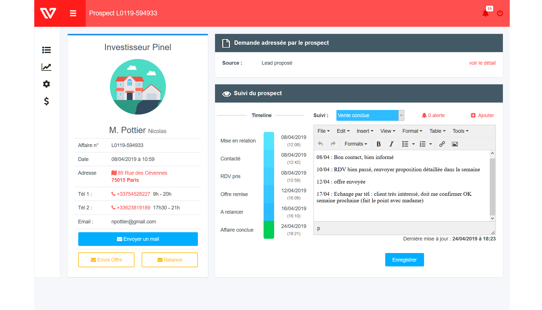 Interface desktop : suivi d'un prospect Interface desktop : suivi d'un prospect
