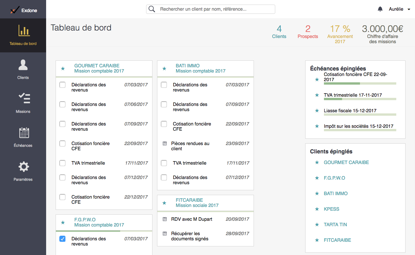 Exdone - Le dashboard, pour une vision d'ensemble des échéances à venir par dossier de mission mises en favoris. Exdone - Le dashboard, pour une vision d'ensemble des échéances à venir par dossier de mission mises en favoris.
