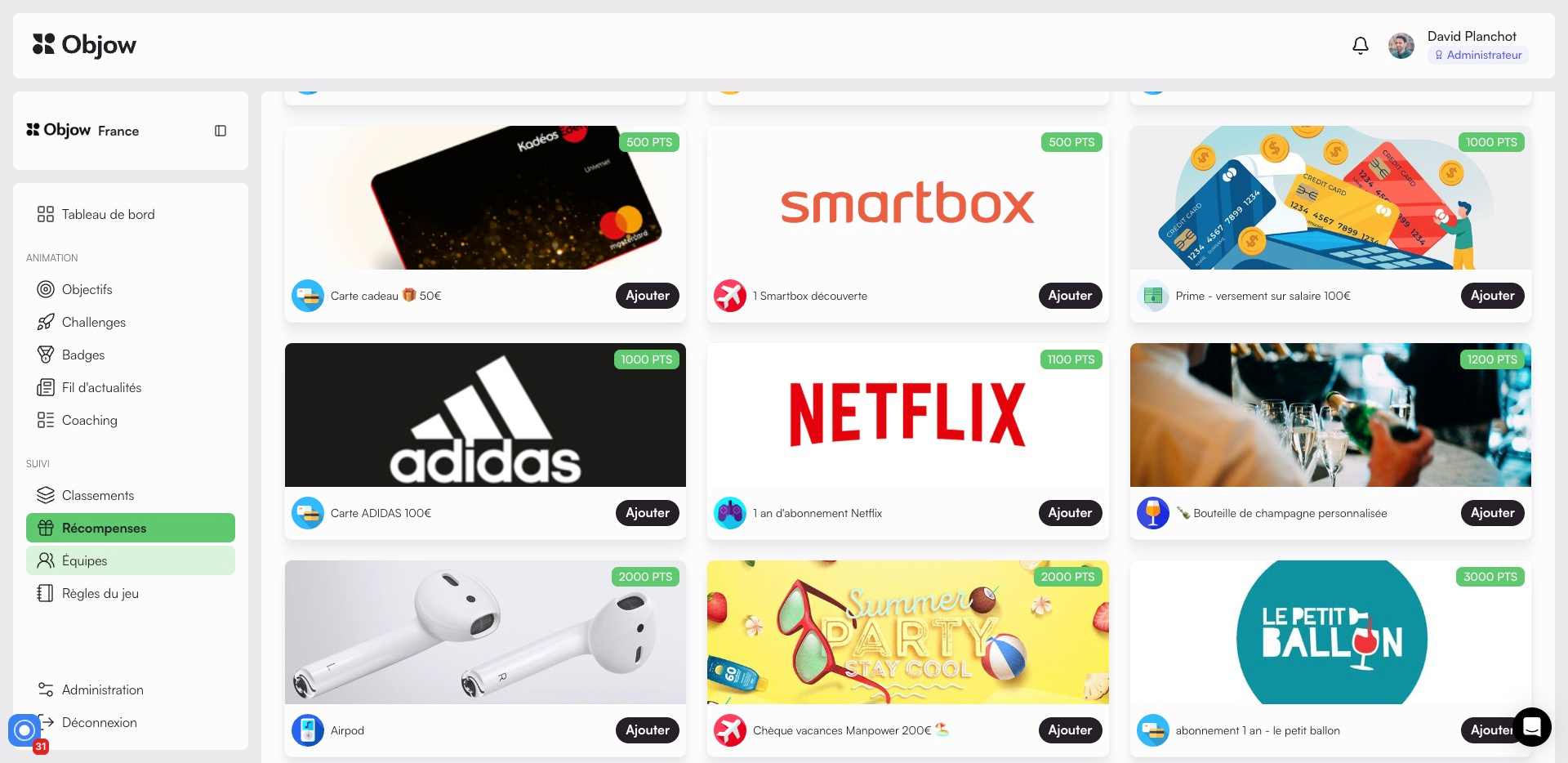 Objow - Récompensez vos équipes avec une marketplace personnalisable et connectable à nos solutions partenaires (Edenred Kadéos, JeudiMerci...) : rémunération variable, cartes-cadeaux, évènements, dons associatifs, etc.