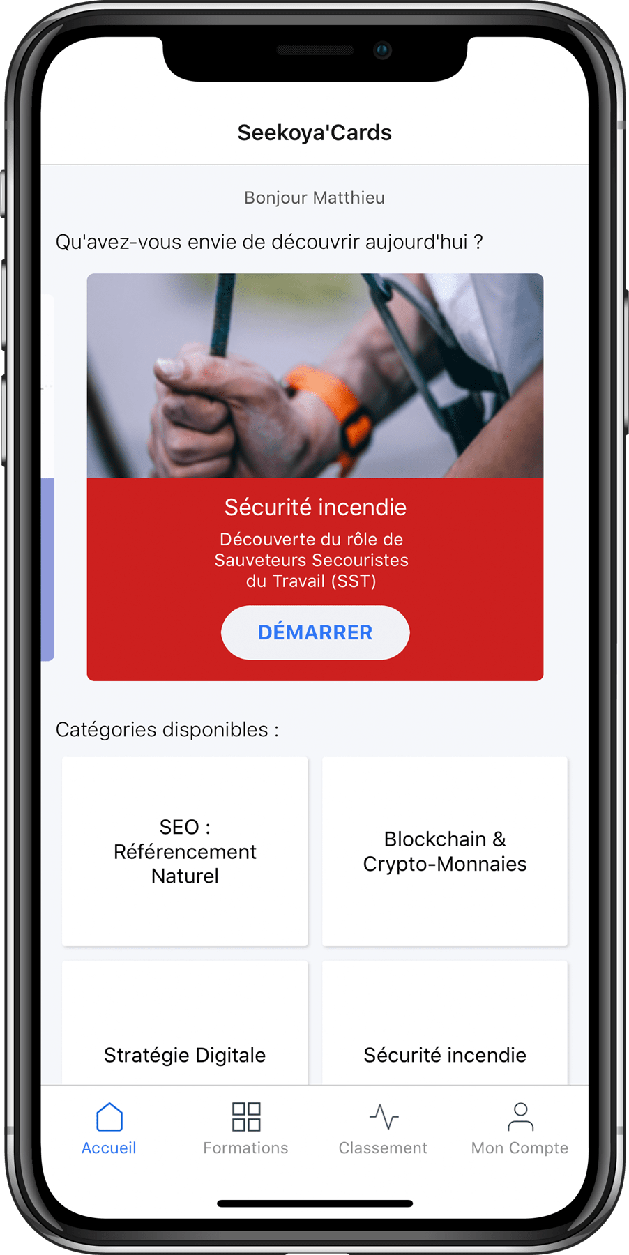 Ecran d'accueil de l'application mobile, avec vos modules de formations et les catégories créées. Ecran d'accueil de l'application mobile, avec vos modules de formations et les catégories créées.