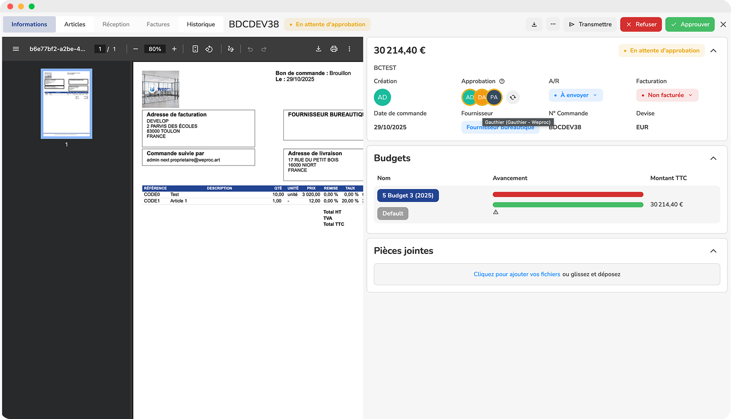 Weproc - Gérez vos bons de commande, suivez vos budgets en temps réel et gardez une visibilité totale sur le workflow de validation. Weproc vous offre une maîtrise complète et immédiate de vos processus d’achat.