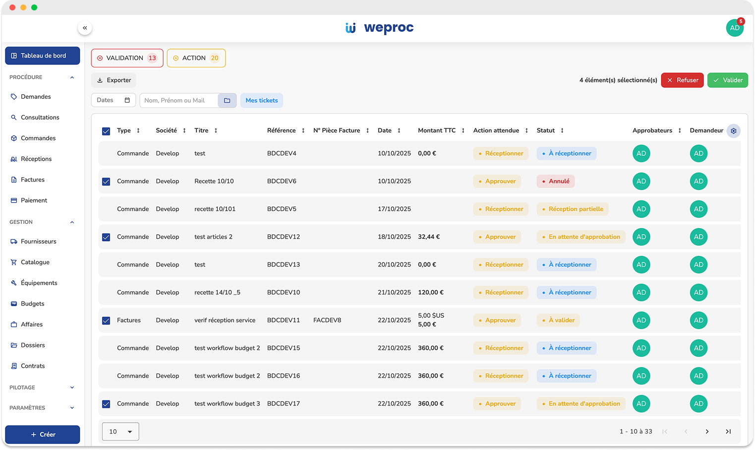 Weproc - Visualisez toutes vos actions en attente sur un tableau de bord clair et intuitif. Validez, refusez et faites avancer vos cycles d’achat. Réduisez vos temps de traitement jusqu’à 60 % avec Weproc.