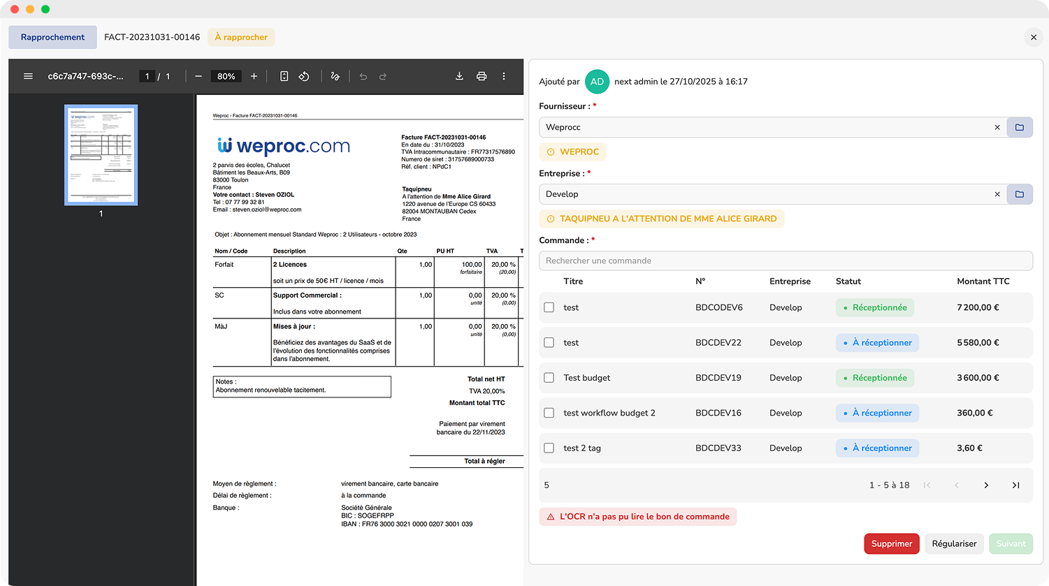 Weproc - Gérez la facturation sur une plateforme agréée française. L’OCR Weproc rapproche automatiquement chaque facture du bon de commande et de la réception, détecte les écarts et sécurise l’intégralité de votre chaîne comptable.