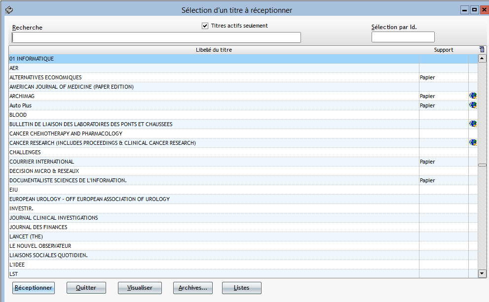 Sélection des titres à réceptionner Sélection des titres à réceptionner