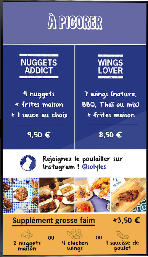 Écran dynamique : exemple de menu affiché sur écran TV à l'intérieur du restaurant Écran dynamique : exemple de menu affiché sur écran TV à l'intérieur du restaurant