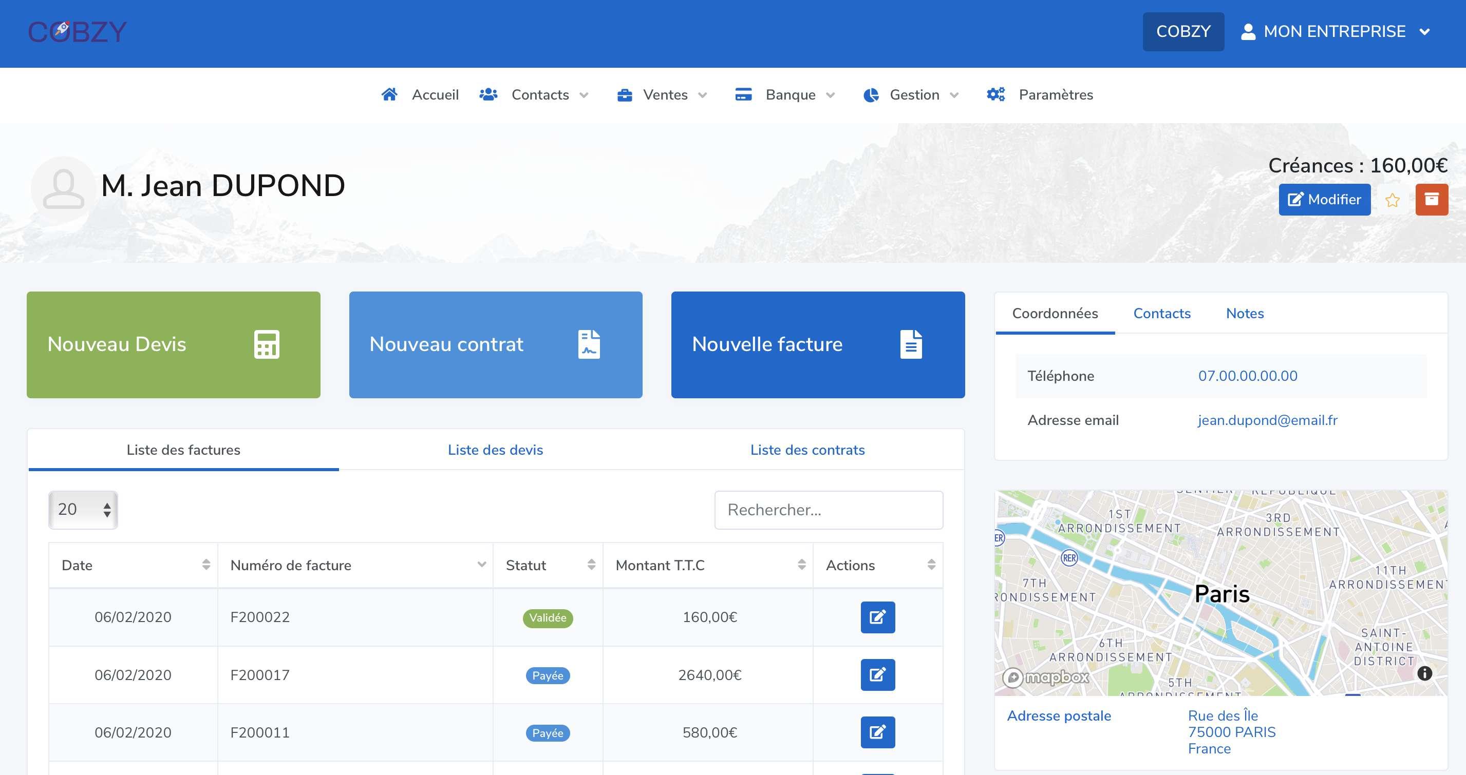 Aperçu d'une fiche client