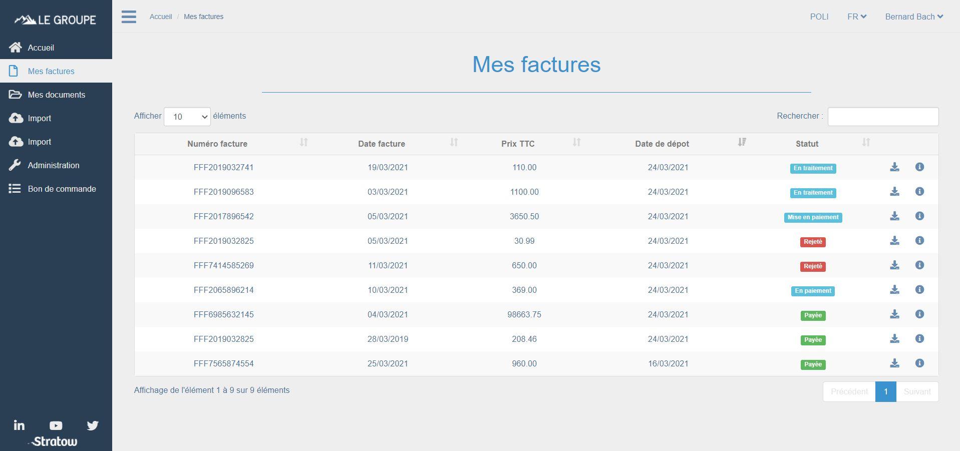 Liste des factures importées sur le portail avec statut de suivi de traitement