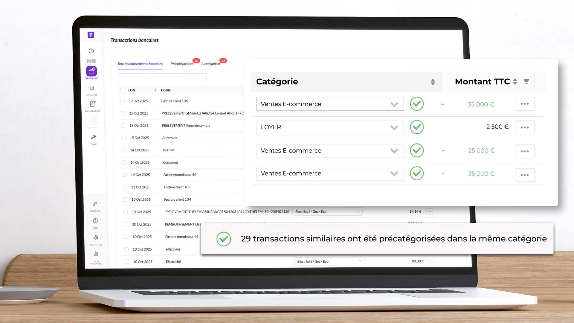Zenfirst Tréso - Catégorisation automatique : Chaque transaction est automatiquement classée selon une catégorie que vous définissez. Les transactions similaires seront automatiquement assignées à la même catégorie.