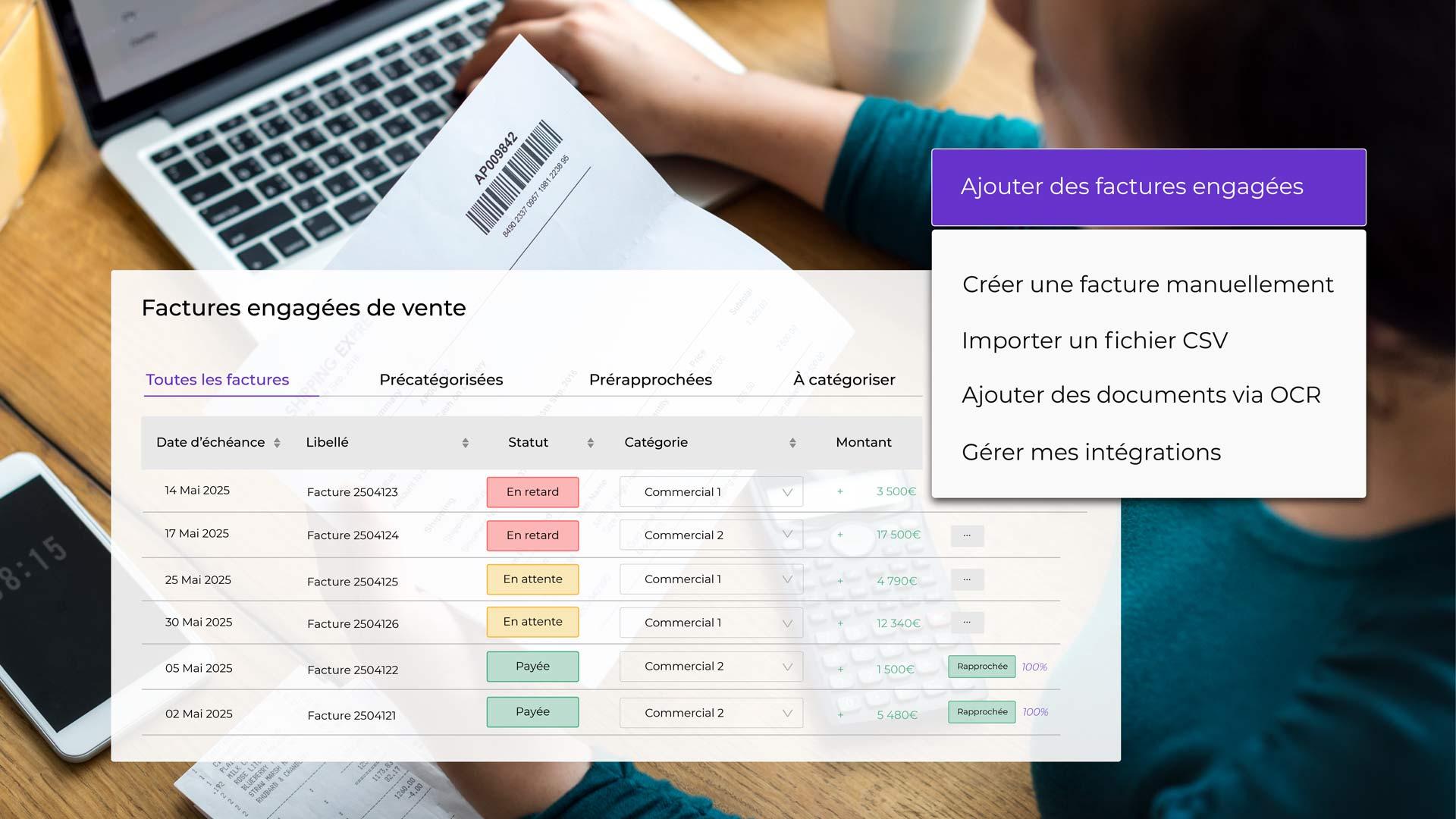 Zenfirst Tréso - Factures engagées : Alimentez vos prévisions avec vos factures engagées et contrôler leur bon paiement.