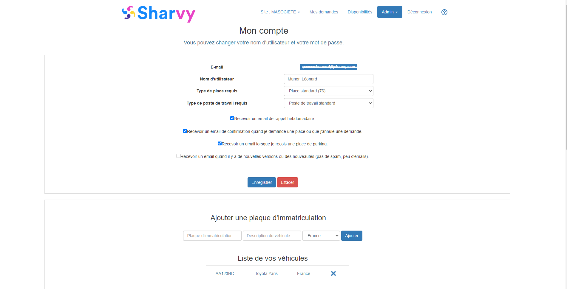 Page "Mon Compte" : paramétrage de son type de place, de son véhicule, de ses préférences...