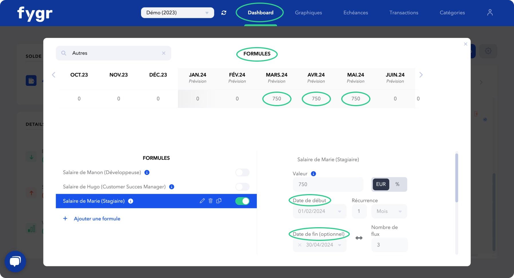 Fygr - Bénéficiez de différentes méthodes pour créer et travailler sur votre prévisionnel. Ici, l'exemple de la création de formules.