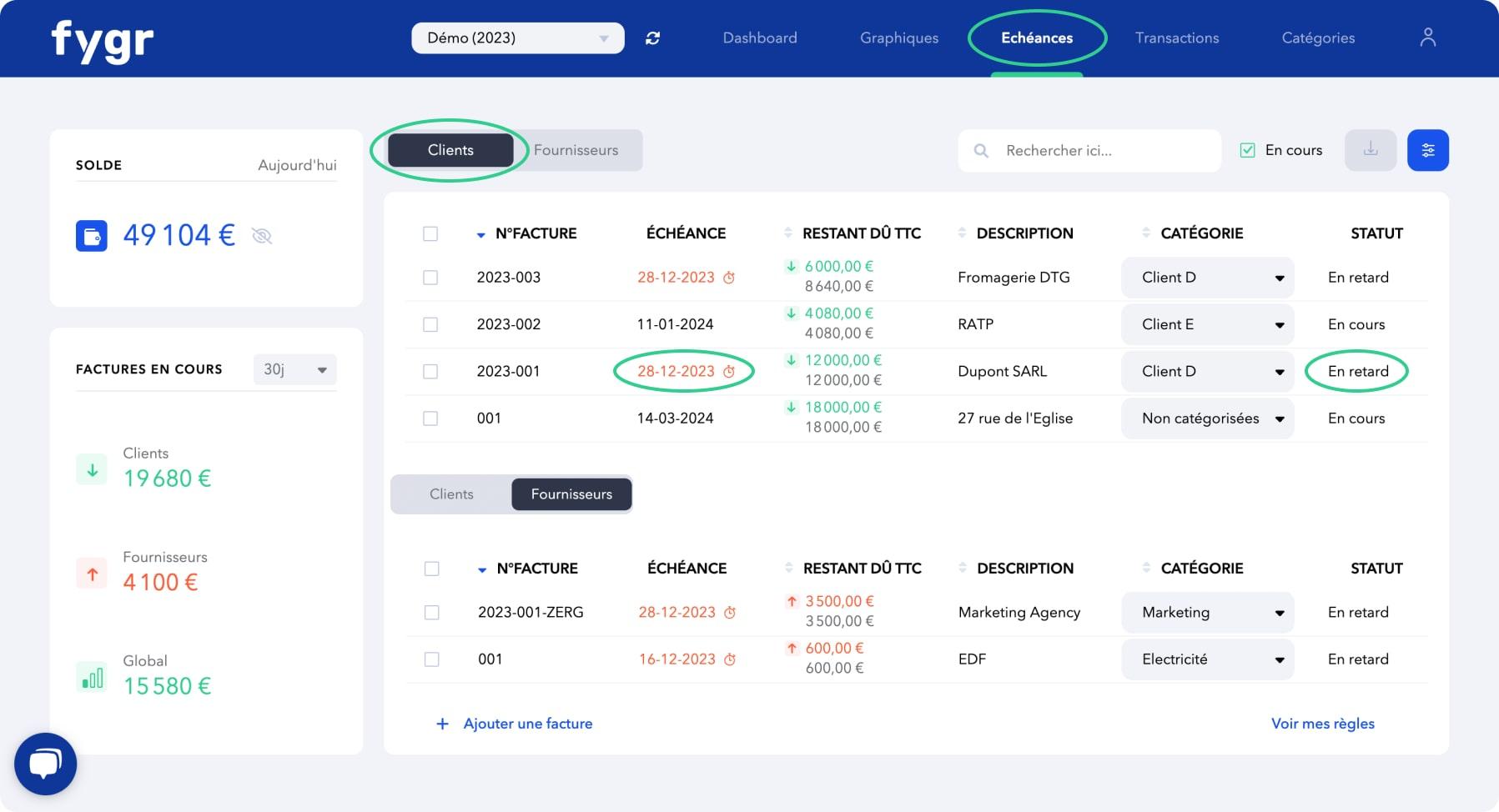 Fygr - Retrouvez vos échéances client et fournisseurs et projetez les sur votre prévisionnel de trésorerie. Vous pouvez les importer manuellement ou synchroniser Fygr avec votre outil de gestion (Axonaut, Evoliz, Libeo...)