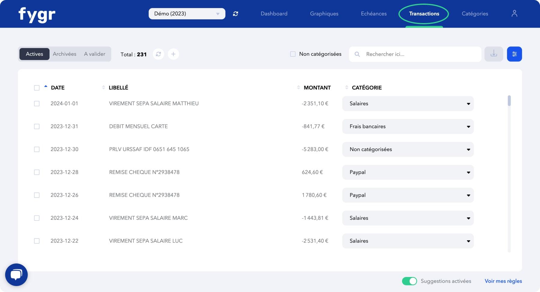 Fygr - Fygr vous permet de connecter vos différents comptes bancaires pour une récupération automatique et en temps réel des données. Grâce à des règles intelligentes, vos transactions sont automatiquement catégorisées selon l'arborescence que vous avez définie.