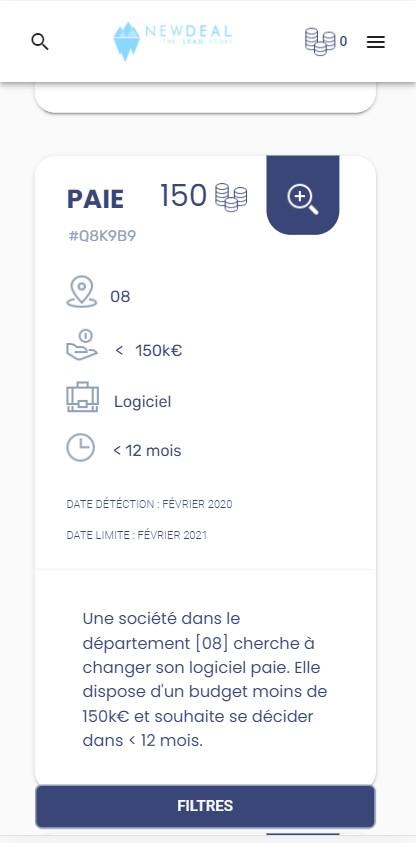 app.newdealtheleadstore.com - Mobile - plateforme d'aide à la prospection - spécialiste de la détection de projet informatique B2B app.newdealtheleadstore.com - Mobile - plateforme d'aide à la prospection - spécialiste de la détection de projet informatique B2B