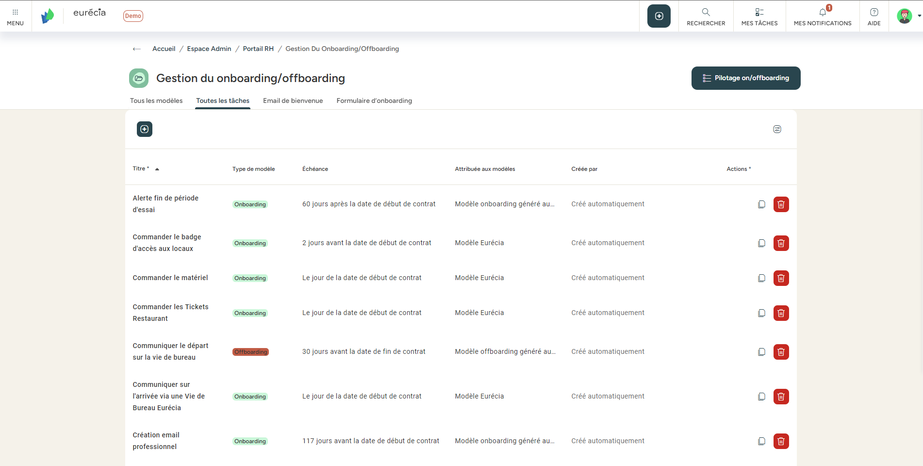 Eurécia Portail RH - Module portail RH : Modèles onboarding