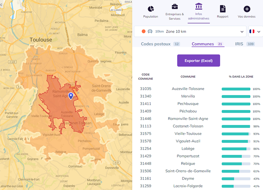 Smappen - Extract des communes, codes postaux ou IRIS d'une zone