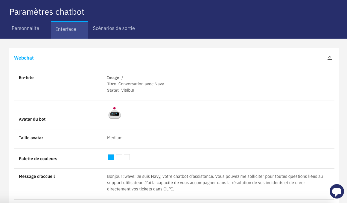 Vue des paramètres du chatbot dans notre console d'administration Vue des paramètres du chatbot dans notre console d'administration