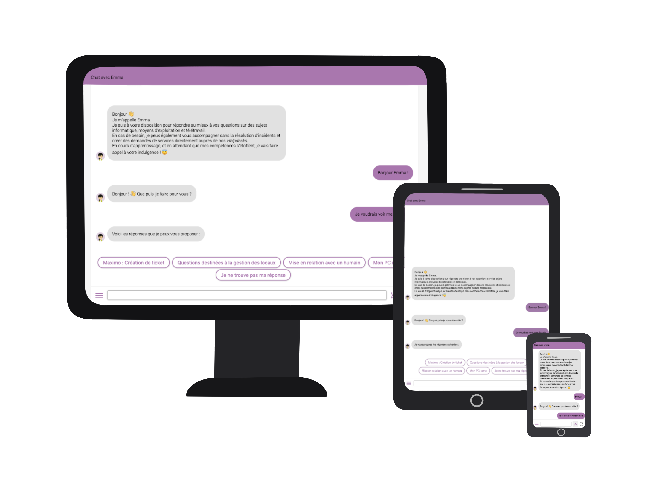 Vue de notre fenêtre de chatbot parfaitement responsive et disponible sur tous vos supports ! Vue de notre fenêtre de chatbot parfaitement responsive et disponible sur tous vos supports !