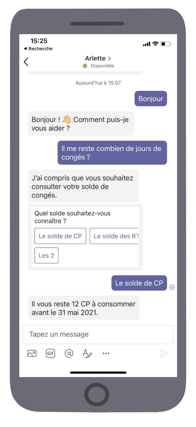 Vue de notre chatbot Arlette dans Microsoft Teams Vue de notre chatbot Arlette dans Microsoft Teams