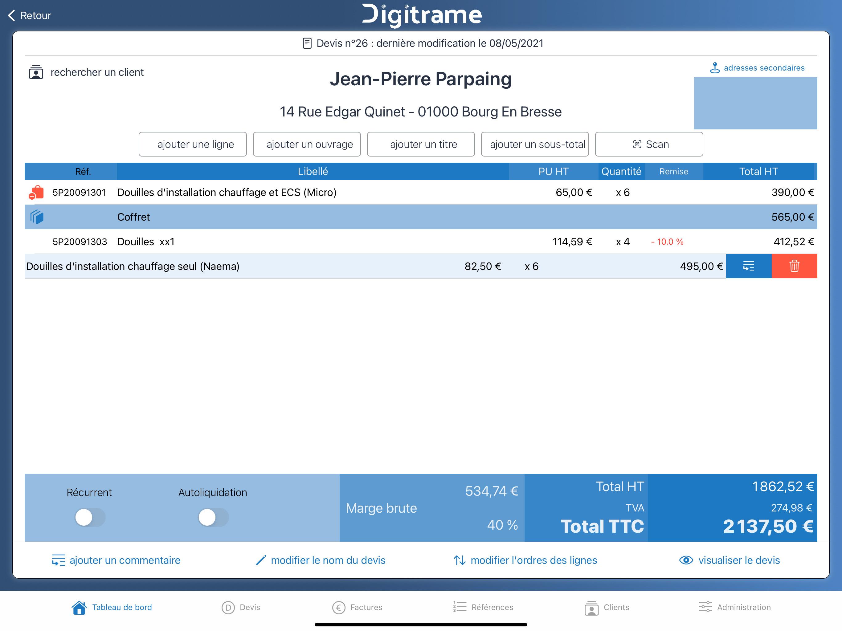 Personnalisation des devis (titre, sous totaux, commentaires)  glisser-déposer pour modifier l'ordre lignes, calcul de marge, récurrent