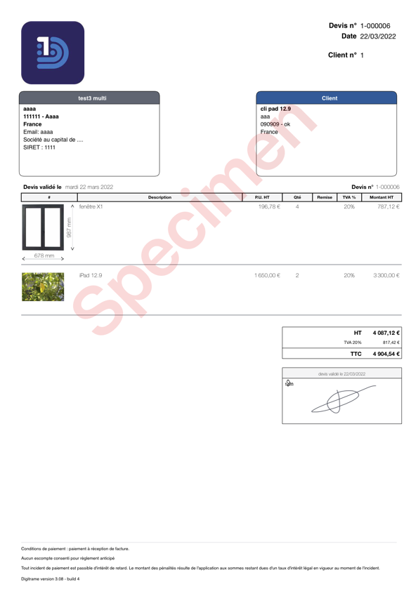 création du pdf : logo + filigrane + pied de page + pagination + signature 
vignette produit avec cotes