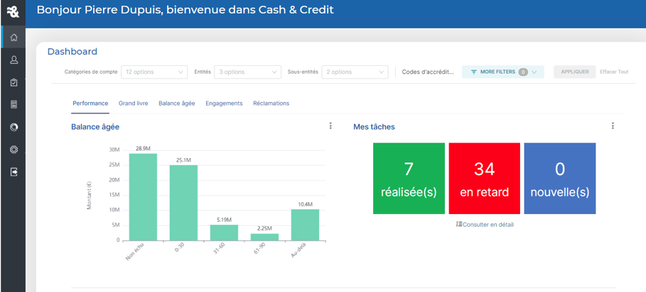 Cash & Credit - La sélection de critères fait varier l’affichage de certains indicateurs : filiales ou groupe de filiales, catégories de clients, critères analytiques paramétrables