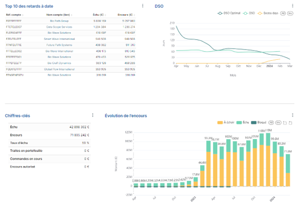 Cash & Credit - Accès direct aux comptes par simple clic. 
DSO Rollback, Normatif, Excess Days sur 36 mois, TOP 10, balance âgée, répartition de l’encours, chiffres clés…