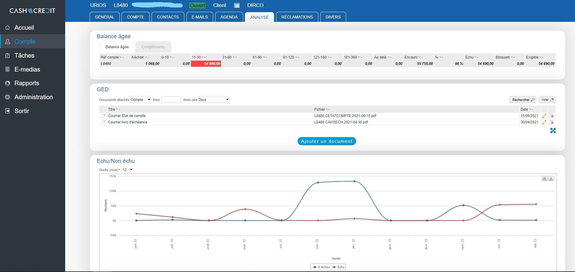 Cash & Credit - Visualisation de l'onglet "Analyse" d'un compte client