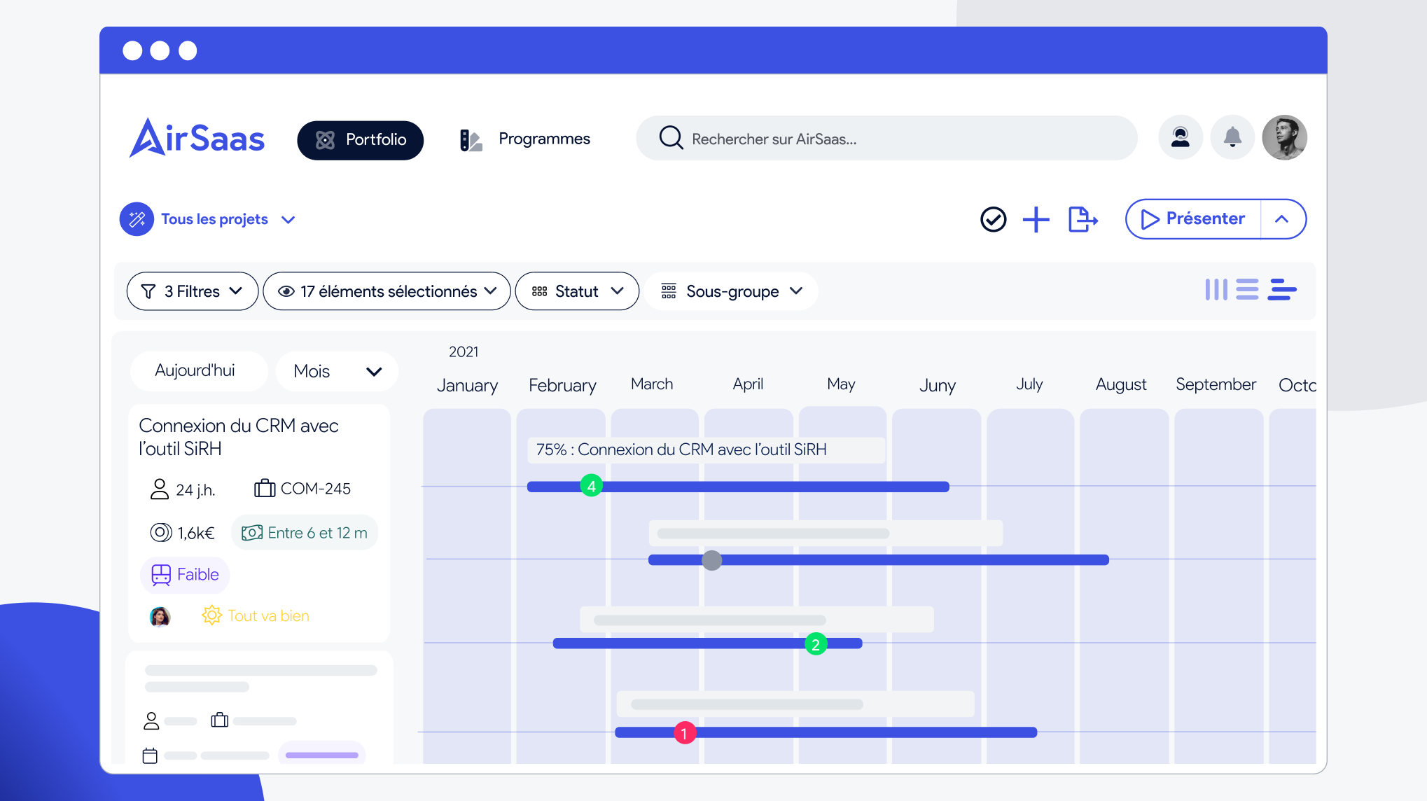 AirSaas - Pilotez de manière macro : Priorisez en continu grâce à votre roadmap collaborative, et créez des vues filtrées pour visualiser en quelques clics la météo, les points d’attention et les retards de vos projets. AirSaas - Pilotez de manière macro : Priorisez en continu grâce à votre roadmap collaborative, et créez des vues filtrées pour visualiser en quelques clics la météo, les points d’attention et les retards de vos projets.